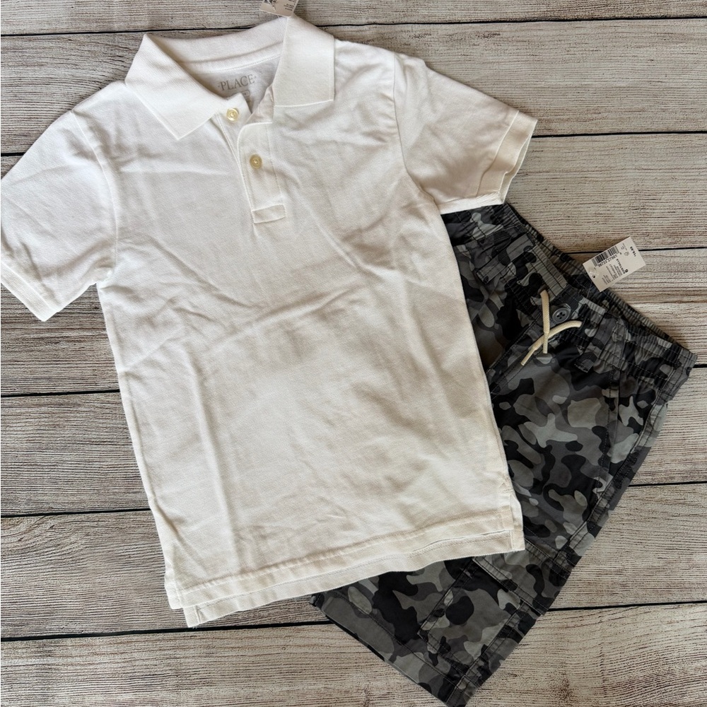 NWT Children's Place Outfit White Short Sleeve Polo Shirt Camo Shorts Sz S 5